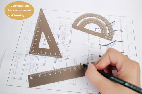 Metal Geometry Set, 5-piece Aluminum Ruler, Math Drafting Ruler Kit Includes Protractor, Triangle Rulers, Straight Rulers-Math Measurement Tools for School and Office Supplies (Gold) - color: Gold
