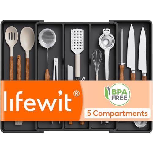 Lifewit Utensil Organizer for Kitchen Drawers, Expandable Utensil Tray - color: Black, size: XL(16-28''W x 18.5''D)