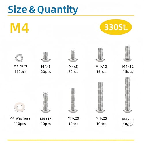 330 Pcs M4 Screws Assortment Kit, M4x6mm/8mm/10mm/12mm/16mm/20mm/25mm/30mm, Metric Hex Button Head Socket Cap Screws Nuts Washers Kit with Wrench, 304 Stainless Steel - size: M4 330 Pcs