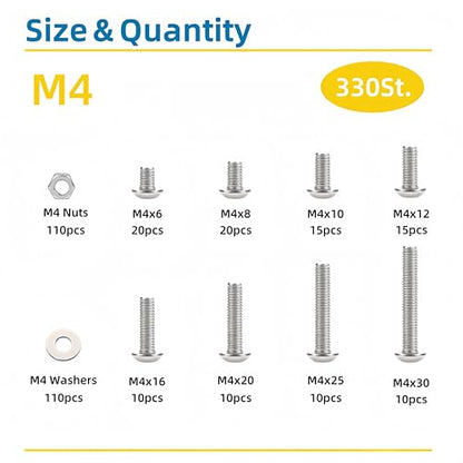 330 Pcs M4 Screws Assortment Kit, M4x6mm/8mm/10mm/12mm/16mm/20mm/25mm/30mm, Metric Hex Button Head Socket Cap Screws Nuts Washers Kit with Wrench, 304 Stainless Steel - size: M4 330 Pcs