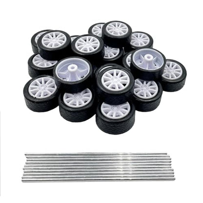 20PCS Small Toy Car Wheel 16mm Model Car Mini Rubber Tire Wheels with 10PCS Shaft Round Rod Axles for DIY Model Toy RC Car Truck Robot Building Accessories (White 2x16mm) - style: White 2x16mm
