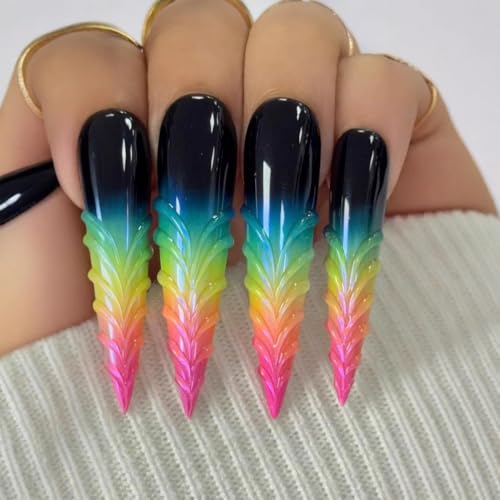 Stiletto Press on Nails Long Gradient Fake NailWith 3D Charm Design Acrylic Nail Press ons Stick on Nails for Women 24pcs - color: Color12