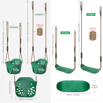 2Pcs Heavy Duty Swing Seats for Kid Full Bucket High Back & Anti Slip Seat - color: Green Full Bucket & U-shape Swing Seats