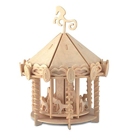Puzzled 3D Puzzle Carousel Set Wood Craft Construction Model Kit, Fun & Educational DIY Wooden Toy Assemble Model Unfinished Crafting Hobby Puzzle to Build and Paint for Decoration 148 Pieces Pack