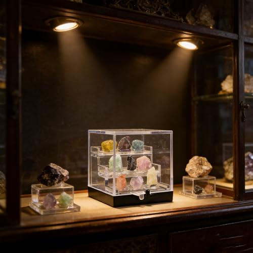 Rare Natural Naturally Mineral Specimen Collection Gift Box-9 Pieces Exquisite Minerals-Square Acrylic Tiered Display Case - Ideal Gifts for Mineral Enthusiasts,Geography Enthusiast-(Small)