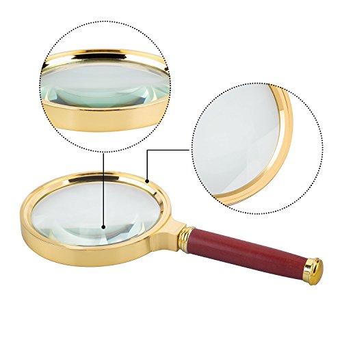 BASUNE 10X Handheld Magnifier, Reading Magnifier Loupe Glasses 10X with Rosewood Handle for Book and Newspaper Reading, Insect and Hobby Observation, Classroom Science (Metal Frame)