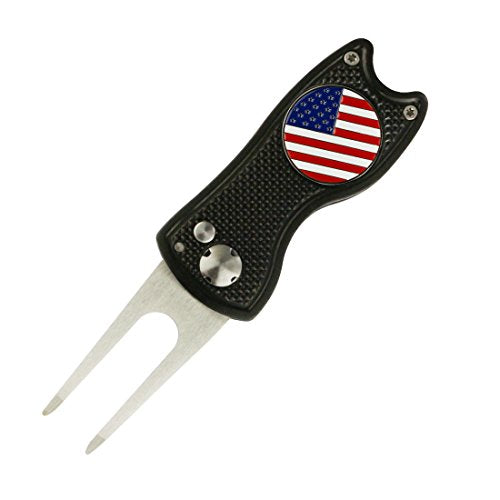 Foldable Golf Divot Repair Tool with Golf Ball Marker - color: Black-USA Flag