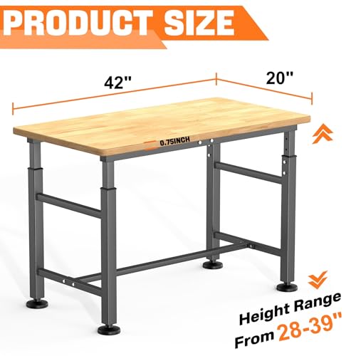 TORACK Adjustable Workbench with Rubberwood Top Rolling, 42x20 in Workbench - size: 42 in x 20 in