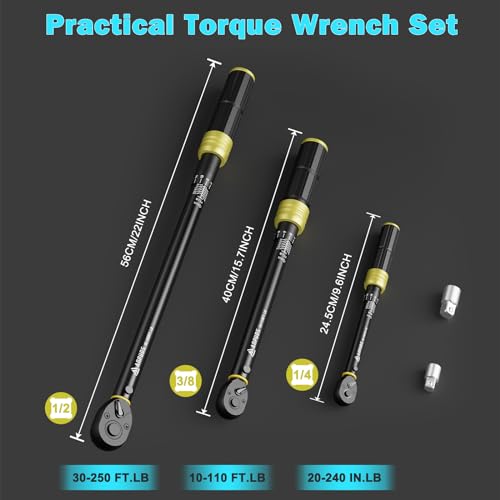 ANPUDS 5Pcs 1/4 3/8 1/2-inch Drive Click Torque Wrench Set, ±3% Accuracy - size: 20-240 in-lb + 10-110 ft-lb + 30-250 ft-lb
