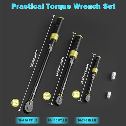 ANPUDS 5Pcs 1/4 3/8 1/2-inch Drive Click Torque Wrench Set, ±3% Accuracy - size: 20-240 in-lb + 10-110 ft-lb + 30-250 ft-lb