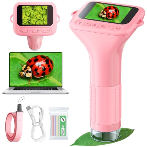 Odatay 1000X Digital Kids Microscope Kit with 12 Slides & 2" Screen, Pink - color: Pink