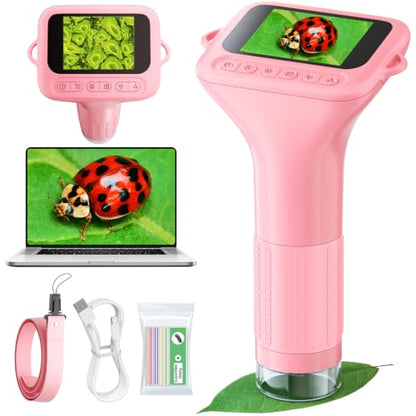 Odatay 1000X Digital Kids Microscope Kit with 12 Slides & 2" Screen, Pink - color: Pink