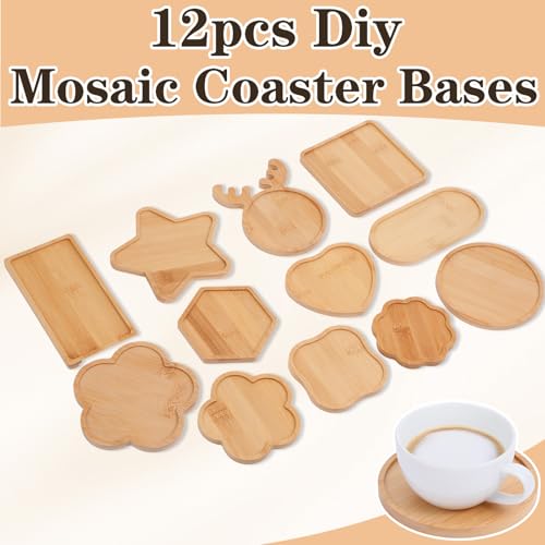 mekueeex 12pcs Mosaic Tiles for Crafts Wooden Coaster Bases Set, Mosaic Kits for Adults DIY Home Decor, Mosaic Kit with Bamboo Shapes for Glass Tile Art Projects, Round Square Hexagon Heart Star Deer