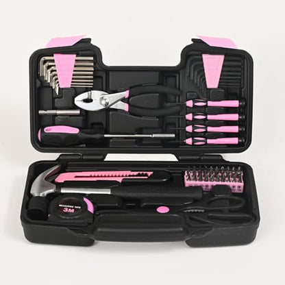 58-Piece Household Tool Set for Women with Plastic Toolbox, Pink - color: Pink, size: 58-Piece