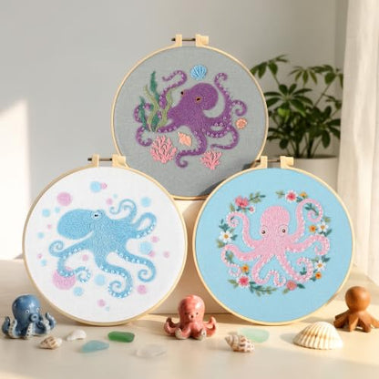 Mindsoft 3 Set Needlepoint Kit for Beginners with Hoop,Octopus - style: Octopus