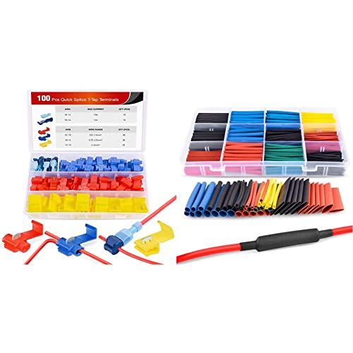 Nilight 100PCS Quick Splice Solderless Wire and T-Tap Electrical Connectors 22-18 18-14 12-10 AWG T Tap Insulated Terminal Assortment Kit & 50005R Heat Shrink 2:1 Electric Insulation Tube Kit