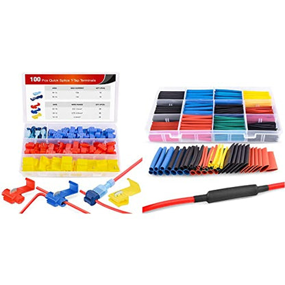 Nilight 100PCS Quick Splice Solderless Wire and T-Tap Electrical Connectors 22-18 18-14 12-10 AWG T Tap Insulated Terminal Assortment Kit & 50005R Heat Shrink 2:1 Electric Insulation Tube Kit