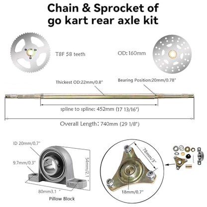6" Go Kart Axle Kit, 740MM Rear Axle Kit with 2 Wheels, Tires, Rim, Brake Assembly and T8F Chain, DIY Live Axle Kit for Go Kart, Quads, Trike, Drift Bikes
