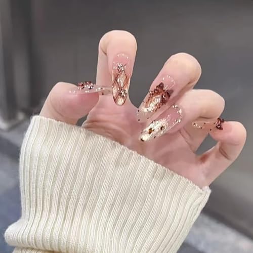 Stiletto Press on Nails Long Nude Fake Nailwith 3D Charms Acrylic Nail Press ons Brown Bow Stick on Nails for Women 24pcs - color: Color03