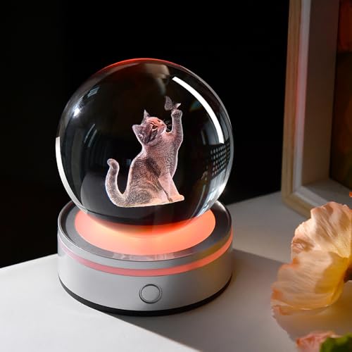 3D Cat Crystal Ball Gifts for Women 80mm Cat Themed Gifts for Girls - color: 3D Cat with Butterfly