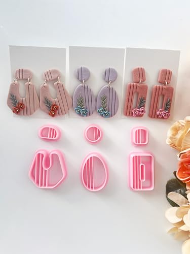 Textured Polymer Clay Earring Cutters Set, 6Pcs Geometric Clay Cutters for Polymer Clay Jewelry Making, 3D Printed Clay Earring Cutters for DIY Crafts, Boho Vertical Striped Clay Molds for Earrings
