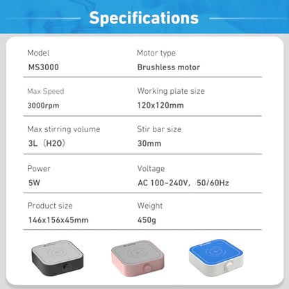 3000rpm Magnetic Stirrer Mixer with Stir Bar, Brushless DC Motor Max 3000ml Magnetic Stir Plate Mixer Blue-White（No Hot) - style: Blue-White-3000RPM Basic