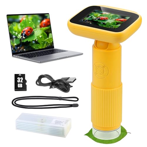 Microscope for Kids with 5 Slides, Adjustable 2.4inch IPS LCD Screen 1000X 1080P 32GB Card Digital Handheld Kids Microscope, Mini Portable Pocket Miniscope Science Toys Gifts for Boys Girls Aged 3-12 - color: Yellow