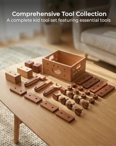 Kids Tool Set | Wooden Toy Building Blocks with Construction Tool Kit | Wood Blocks Nuts Bolts Hammer Screwdriver in a Box (32 pcs) for Boys & Girls