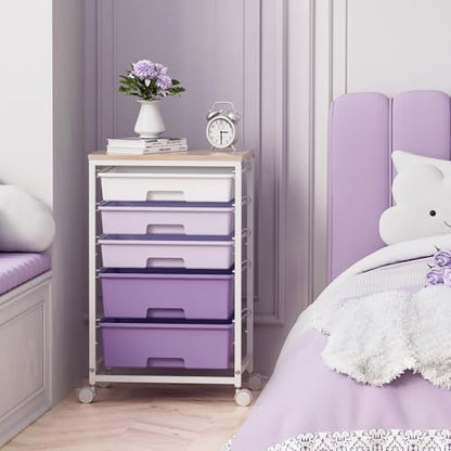 SYKIARIOL Utility Cart with 5 Drawers with Wooden Top,Purple - color: Purple