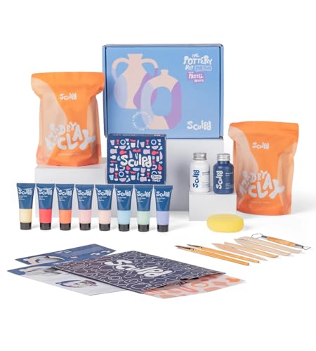 Sculpd Pottery Kit, Air Dry Clay Starter Kit for Beginners with Paint Set, Starter Bundles Includes a Pottery Tool Set, 8 Paints, Waterproof Varnish, Paintbrushes & Step-by-Step Guide for Adults - style: Gloss Varnish with Pastel Tones