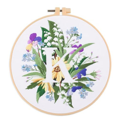 IUHUI Embroidery Kit for Beginners Adults - 26 Floral Letters Easy Patterns, DIY Hand Stitching Embroidery Set with Hoop (Flower and Grass Letter K) - color: Flower and Grass Letter K