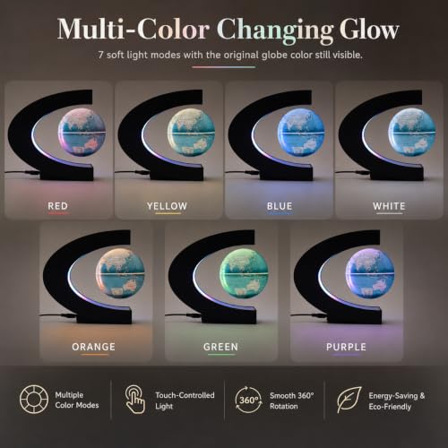 Magnetic Levitation Rotating World Globe with LED Light and Touch Control - color: Light Blue Glow Color-Changing