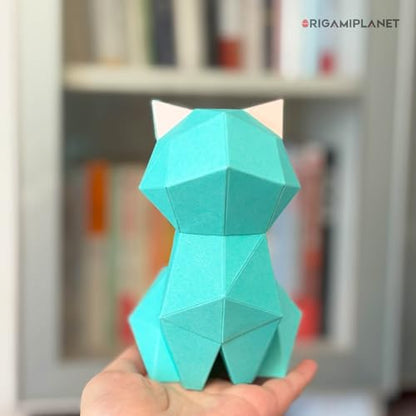 3D Origami Paper Craft Kit, Moonlit Kitten Cute DIY Pre-Cut Animal Papercraft Model for Beginners, Fun Handmade Home Decoration Gift for Adults & Teens-Green