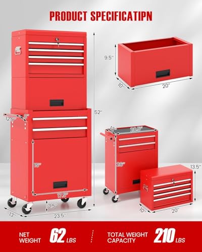 Goplus 6 Drawers Tool Chest, Rolling Metal Tool Box with Universal Wheels, Protective Liner, Detachable Top Toolbox, Auto Lock, 3-in-1 Large Tool Cabinet for Garage Shop Auto Repair - color: Red, style: Large 6 Drawers