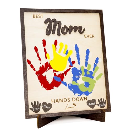 10" Craft Custom Mothers day gifts for mom from daughter / son - Personalized Best Mom Ever Hands Down Sign – Gifts for Mom from kids - Diy mothers day craft Handprint Gift from Kids, Personalized Best mom ever gifts - color: Momhand1