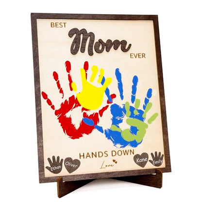 10" Craft Custom Mothers day gifts for mom from daughter / son - Personalized Best Mom Ever Hands Down Sign – Gifts for Mom from kids - Diy mothers day craft Handprint Gift from Kids, Personalized Best mom ever gifts - color: Momhand1