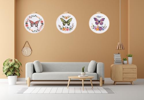 Mozzyyee 3 Sets Embroidery Starter Kit for Beginners Adults Include 3 Embroidery Clothes with Instructions Hoops Floss Thread Fabric Needles (Butterfly) - color: Butterfly
