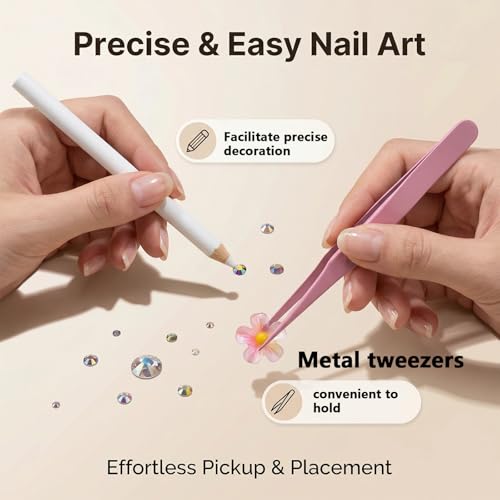 Nail Art Starter Kit with Metal Tweezers | 100Pcs Cute 3D Charms Like Bows, Butterflies, Chains & Stars | Gold & Silver Nail Rhinestones for Manicure, Junk Journaling