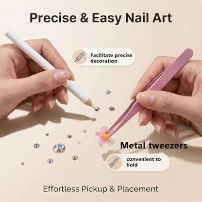 Nail Art Starter Kit with Metal Tweezers | 100Pcs Cute 3D Charms Like Bows, Butterflies, Chains & Stars | Gold & Silver Nail Rhinestones for Manicure, Junk Journaling