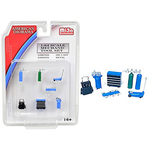 Mechanic Tool Set of 7 Pieces Blue for 1/64 Scale Models by American Diorama 38405