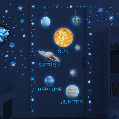 Stars and Planets Wall Decals Glow in The Dark, Sun Solar System Stickers for Ceiling, Space Wall Sticker for Kids Room (Blue) - color: Sun-blue-3
