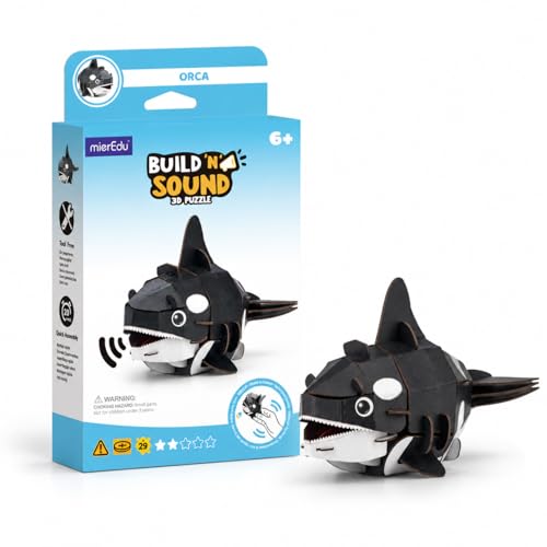 MierEdu Build 'N' Sound 3D Puzzle for Kids, Animal Puzzle with Sound Module, Educational STEM Craft Kit, FSC Paper Model Building Toy Gift for Ages 6+ - color: Orca