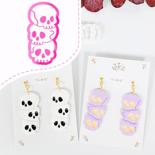 Xaekicr Halloween Skull Polymer Clay Cutters – 3-Stacked Skull Shape Clay Earring Cutters for DIY Jewelry, Polymer Clay Molds, Clay Tools – Halloween Cookie & Earring Making Supplies - color: P color