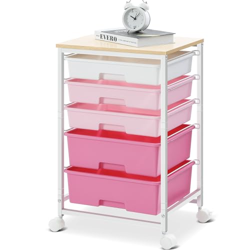 SYKIARIOL Utility Cart with Drawers,5 Drawers Storage Cart,Rose Pink - color: Rose Pink