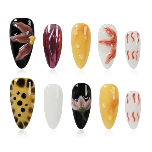 Tesytto 3D Flower Press on Nails Almond - Handmade Multicolor Design with Dewy Water Droplets, Luxury Salon Quality Reusable Fake Nails (Bold Bloom & Dot Glam, S) - color: Bold Bloom & Dot Glam, size: S