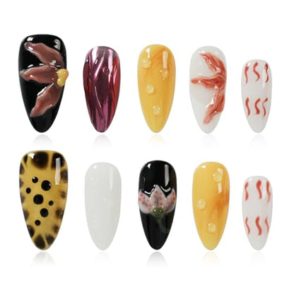 Tesytto 3D Flower Press on Nails Almond - Handmade Multicolor Design with Dewy Water Droplets, Luxury Salon Quality Reusable Fake Nails (Bold Bloom & Dot Glam, S) - color: Bold Bloom & Dot Glam, size: S