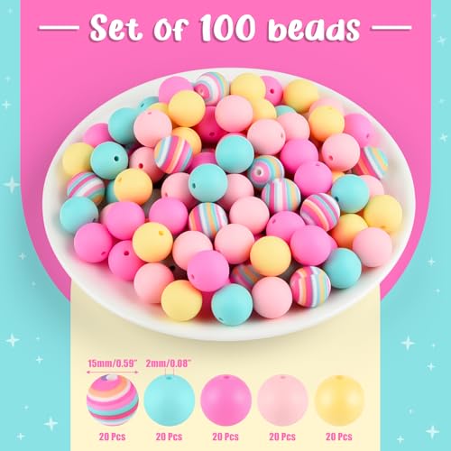ASTARON 100Pcs 15mm Rainbow Colors Silicone Beads for Keychain Making Craft - color: pink,light pink,mint green,yellow,rainbow printed bead
