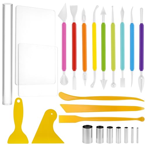 QWORK 24-Piece Clay Sculpting Tool Kit with Acrylic Roller, Sheets, Plastic Scraper, Stainless Steel Cutters, Polymer Clay Cutter Tools