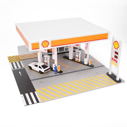 1/64 Scale Shell Gas Station Diorama Kit, Miniature Building Scene Model Set, Collectible Desk Decor for Home & Office (No Vehicles or Figures)