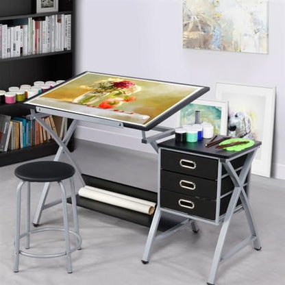 Yaheetech Drafting Table with Storage & Stool, Adjustable Art Drawing Desk